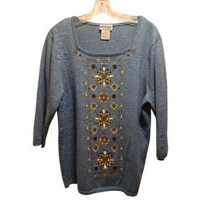 Vtg National Sweater Top Womens Sz L Blue EMBROIDERED Cotton Floral Hippie Gypsy